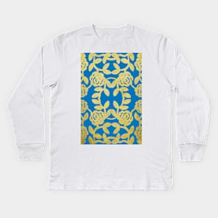 Floral Pattern Blue Gold Baroque Damask Kids Long Sleeve T-Shirt